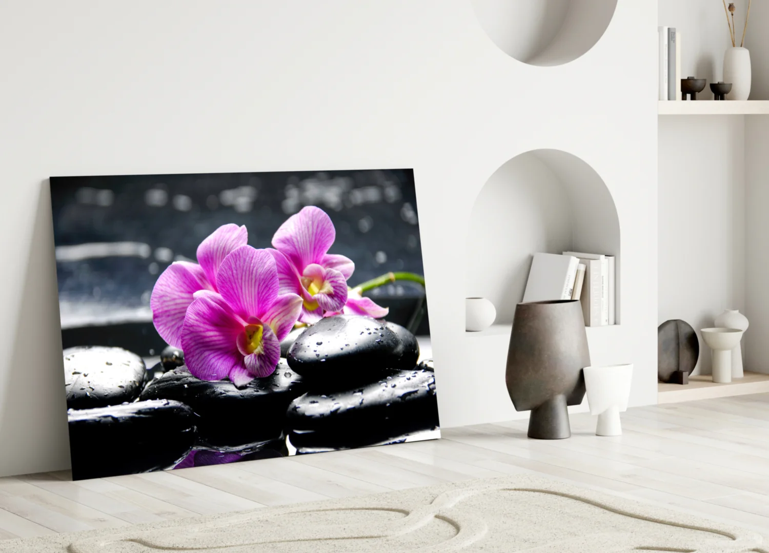 Magenta Orchid Pair Black Stones Glass Wall Art - Image 4