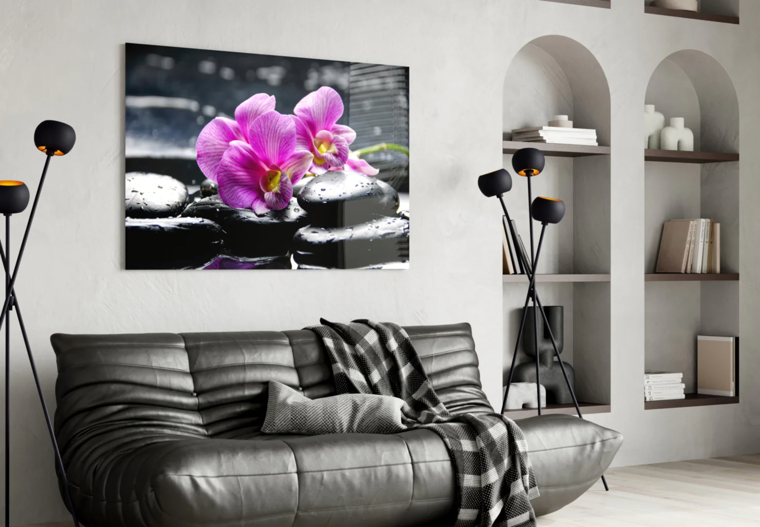 Magenta Orchid Pair Black Stones Glass Wall Art - Image 5