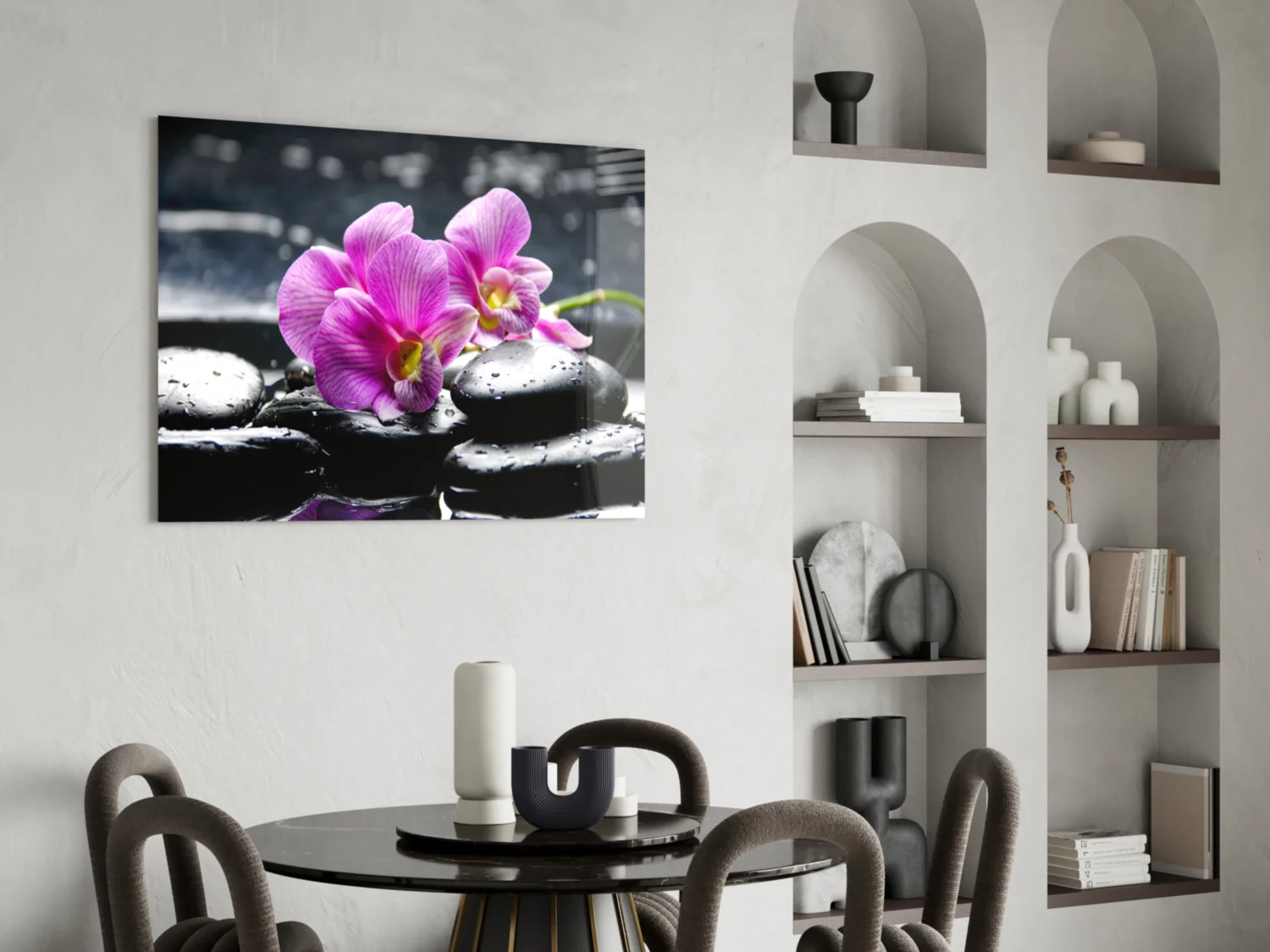 Magenta Orchid Pair Black Stones Glass Wall Art - Image 6