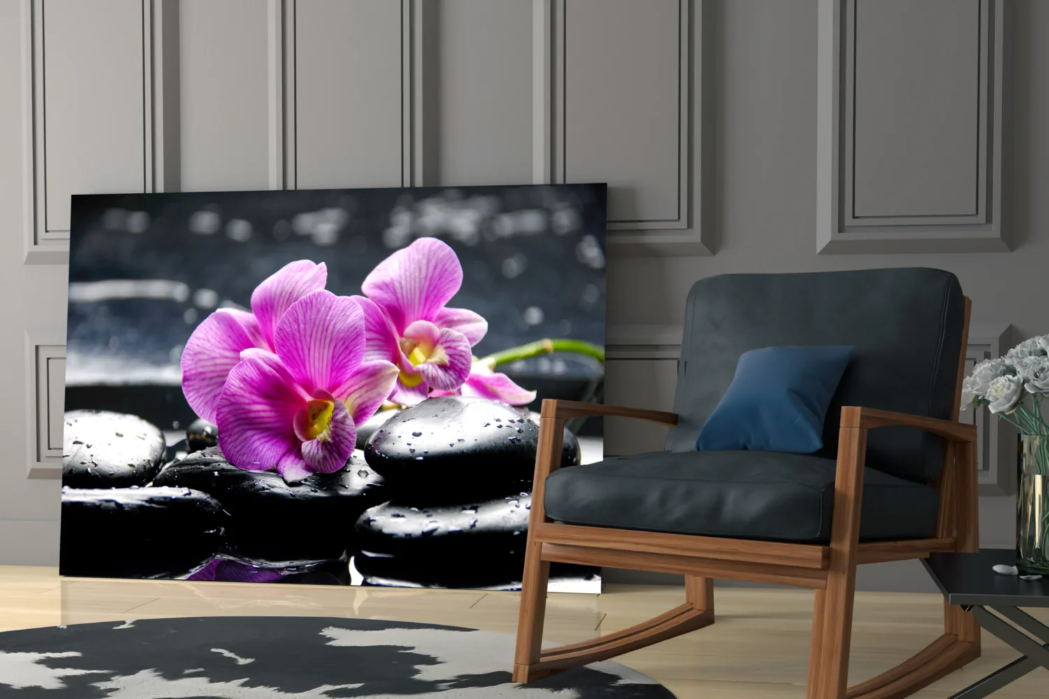 Magenta Orchid Pair Black Stones Glass Wall Art - Image 7