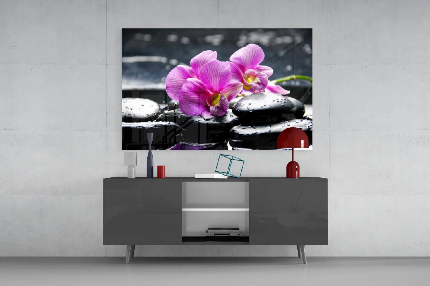 Magenta Orchid Pair Black Stones Glass Wall Art - Image 9