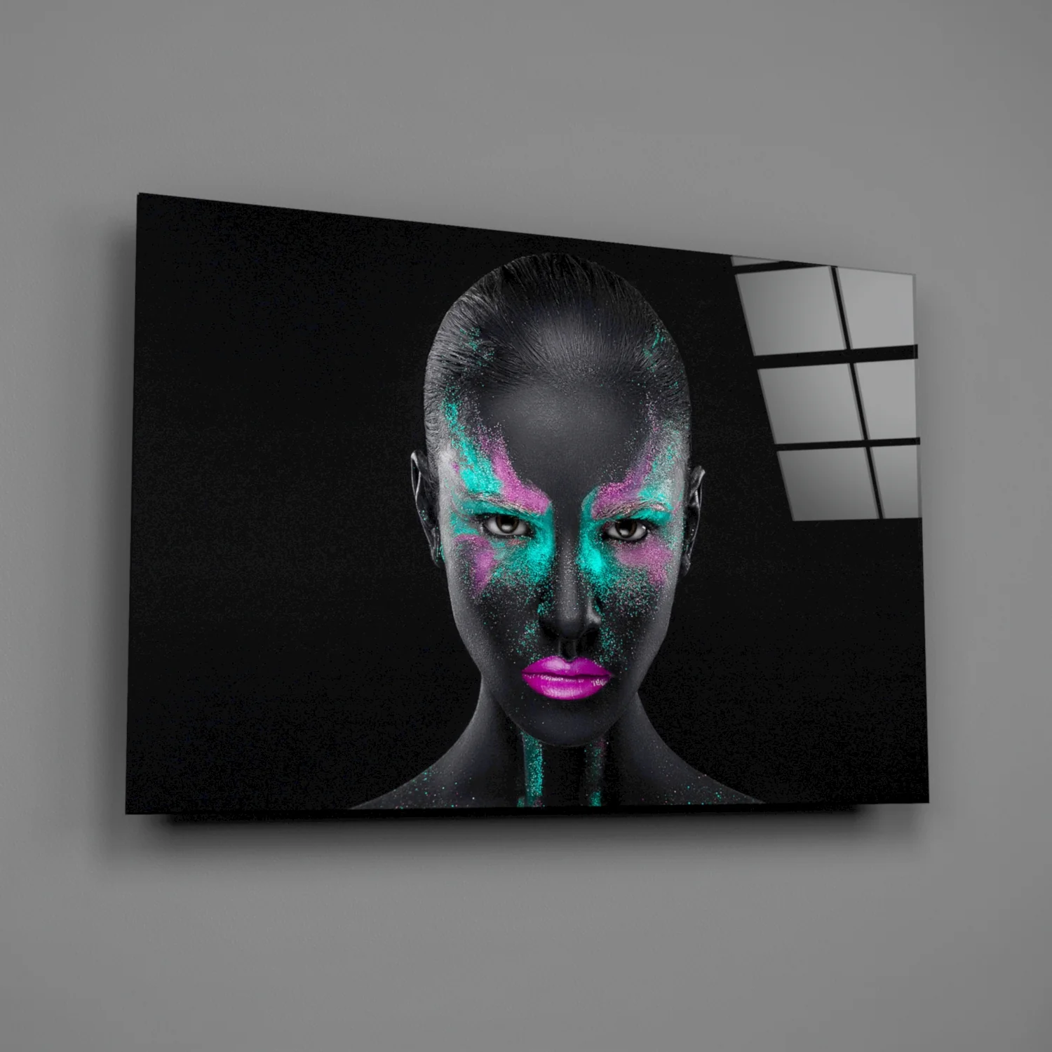 Magenta Teal Powder Face Woman Glass Wall Art - Image 2