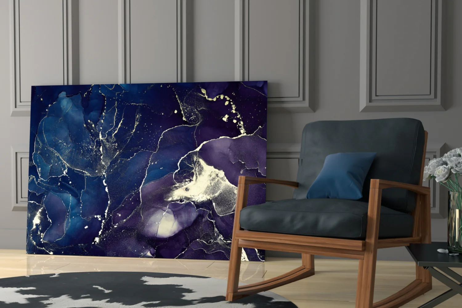 Midnight Navy Gold Ink Glass Wall Art - Image 7