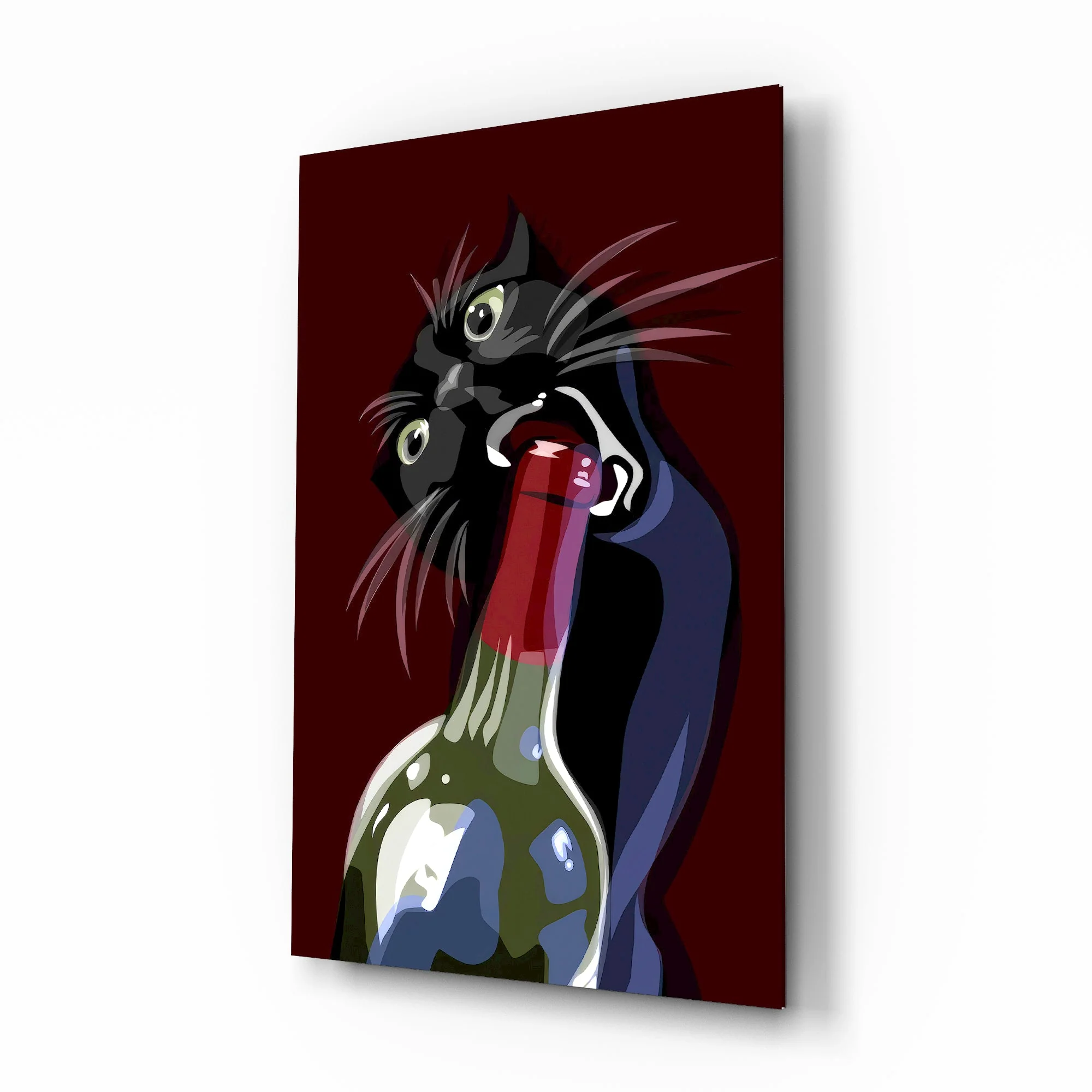 Mischievous Wine Cat Glass Wall Art