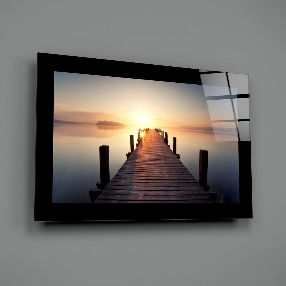 Misty Lake Jetty Sunrise Glass Wall Art - Image 2