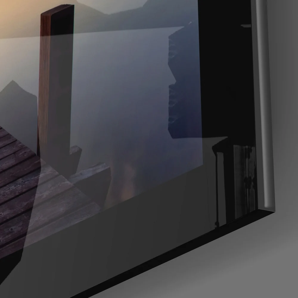 Misty Lake Jetty Sunrise Glass Wall Art - Image 3