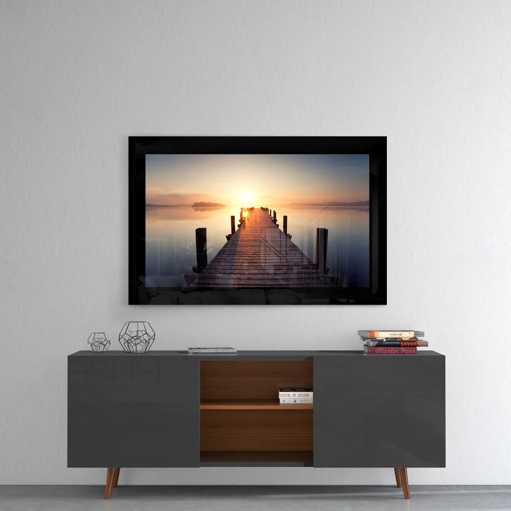 Misty Lake Jetty Sunrise Glass Wall Art - Image 4