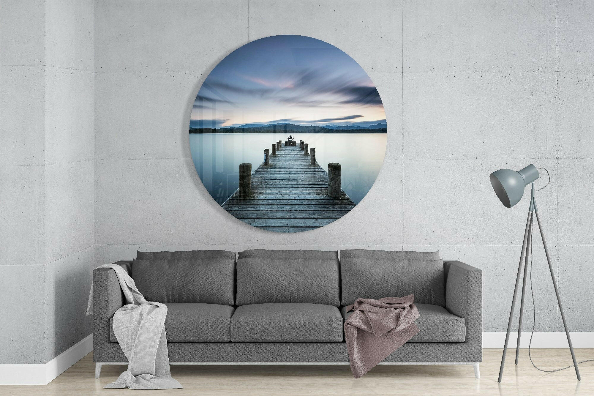 Misty Mountain Lake Pier Dusk Glass Wall Art - Image 2