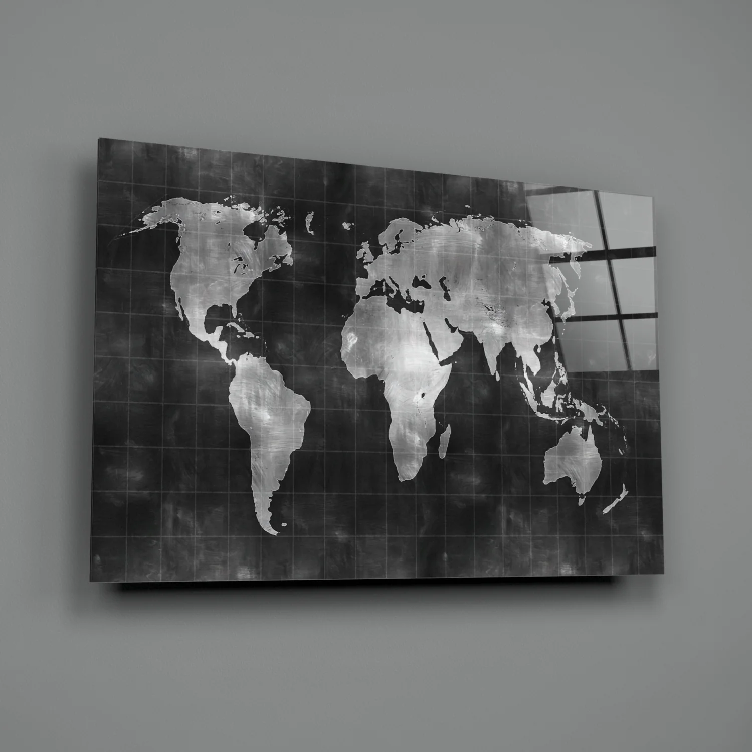 Misty Silver World Map Grid Glass Wall Art - Image 3