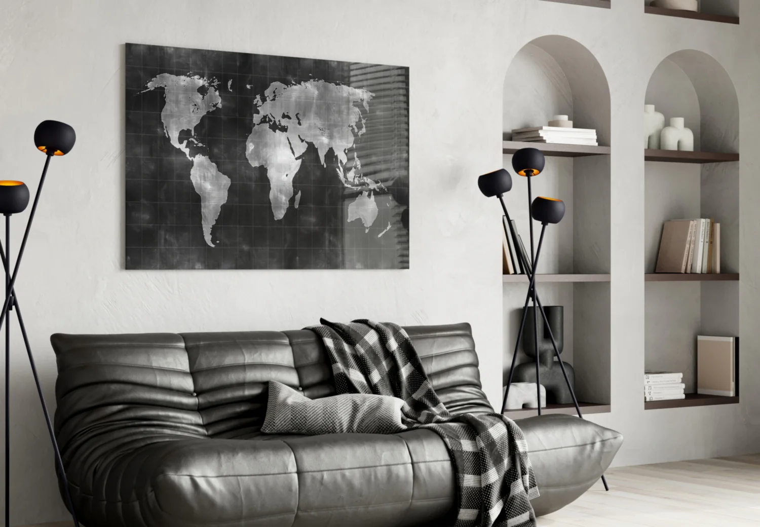 Misty Silver World Map Grid Glass Wall Art - Image 5