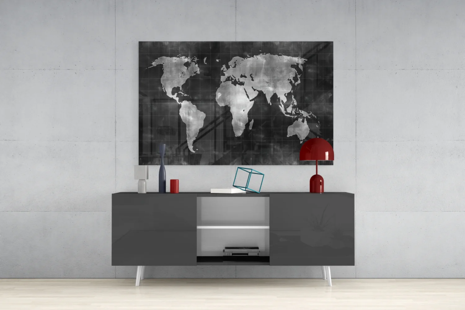 Misty Silver World Map Grid Glass Wall Art - Image 9