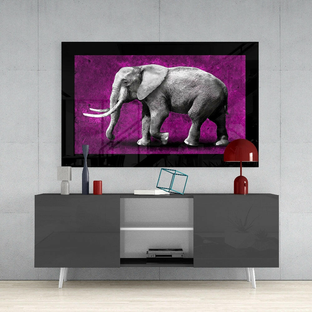 Monochrome Elephant Purple Grunge Glass Wall Art - Image 4