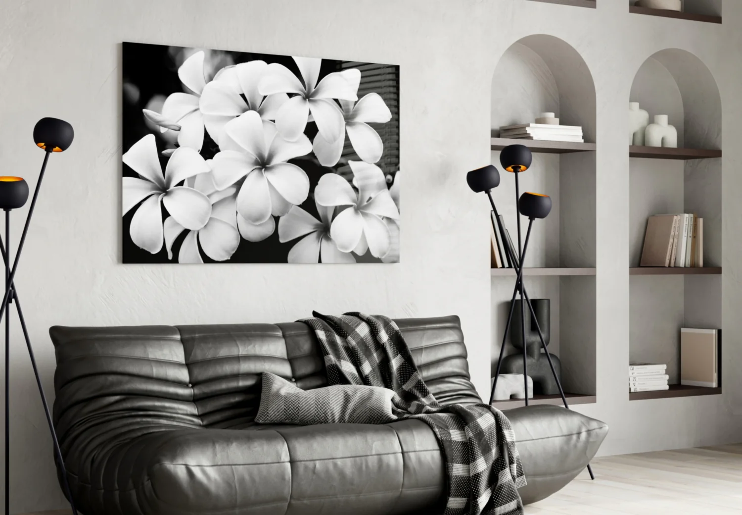 Monochrome Plumeria Cluster Glass Wall Art - Image 5