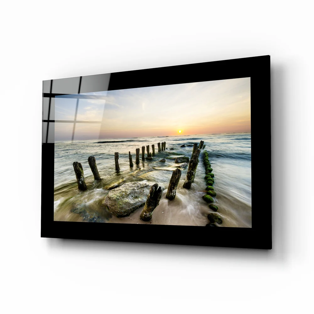 Mossy Posts Beach Sunrise Glass Wall Art
