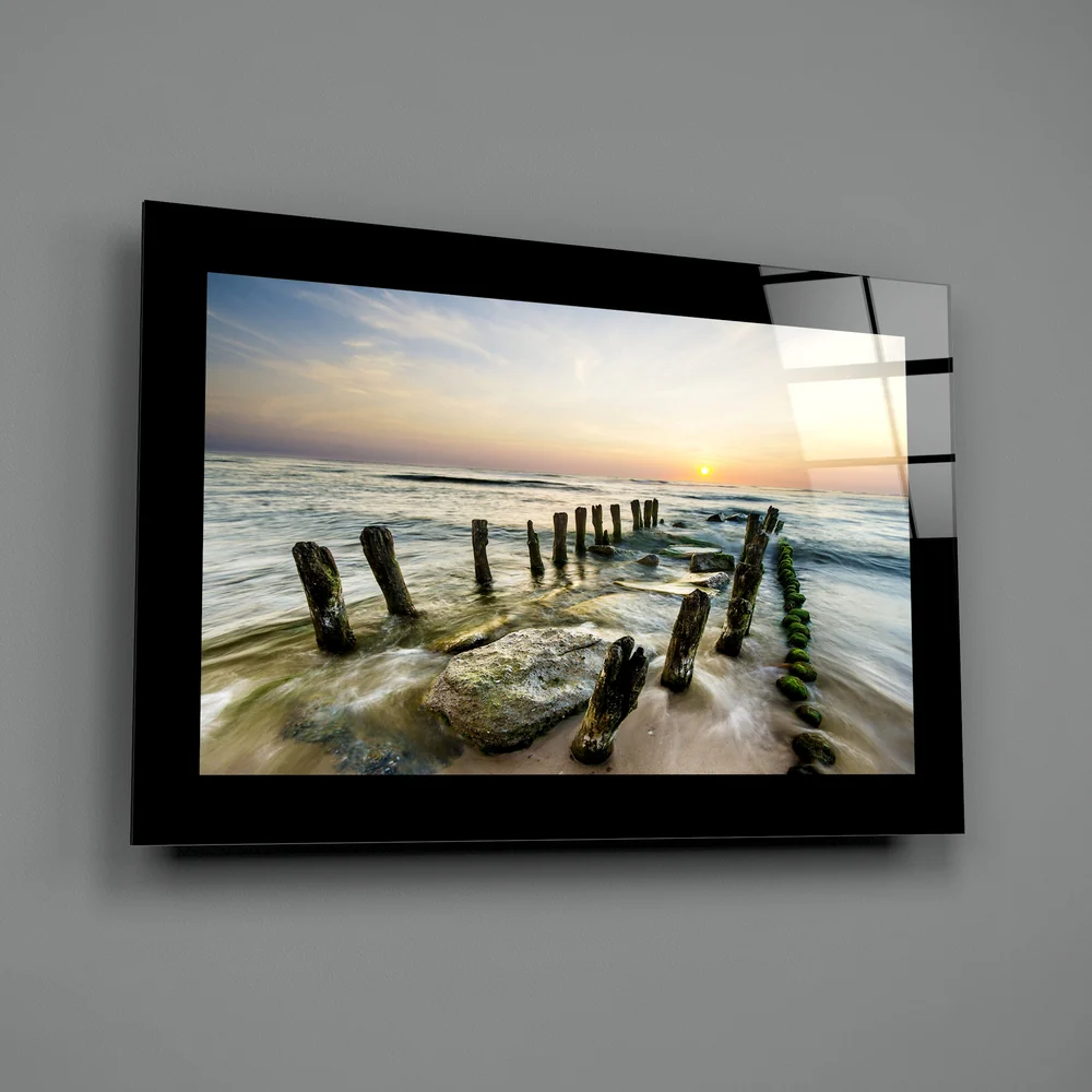 Mossy Posts Beach Sunrise Glass Wall Art - Image 2