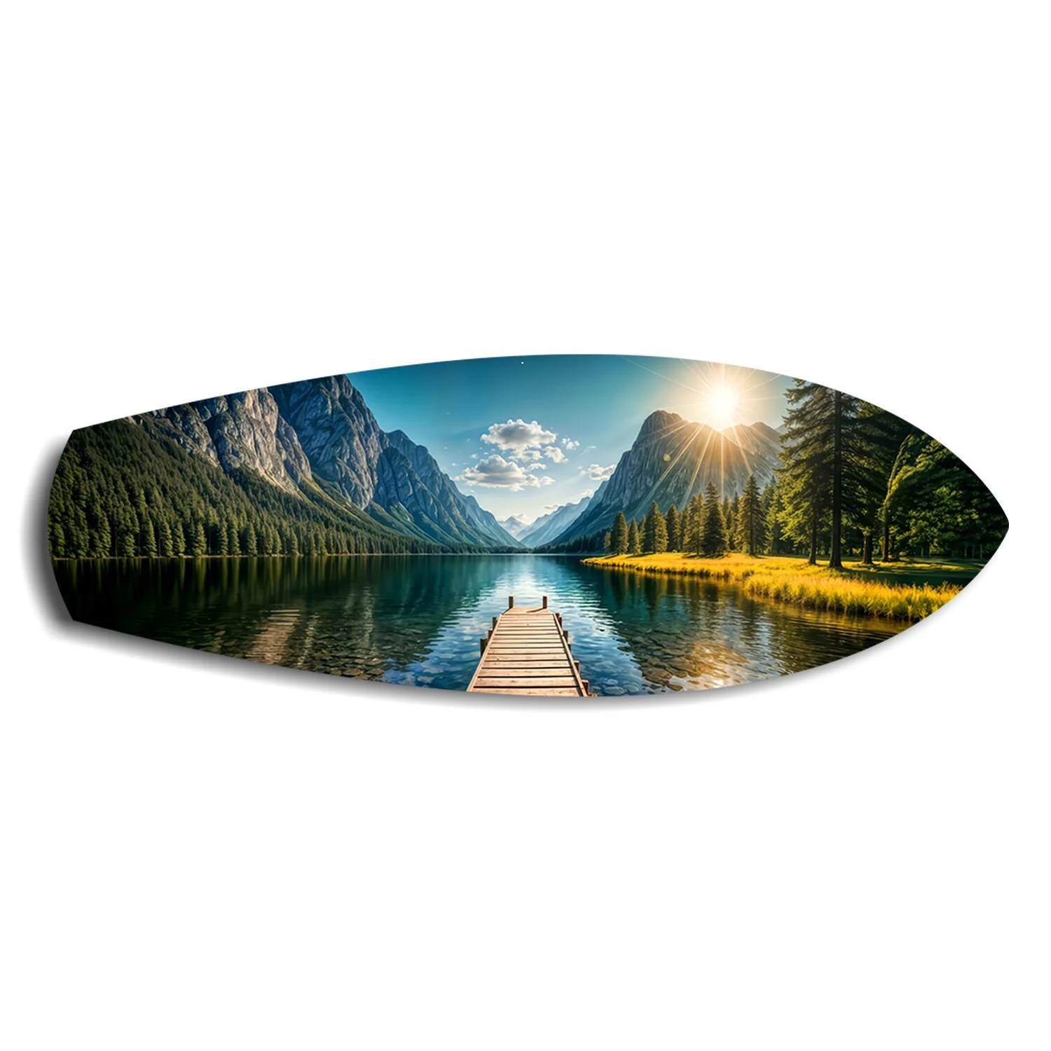 Mountain Lake Dock Sunrise Glass Wall Art
