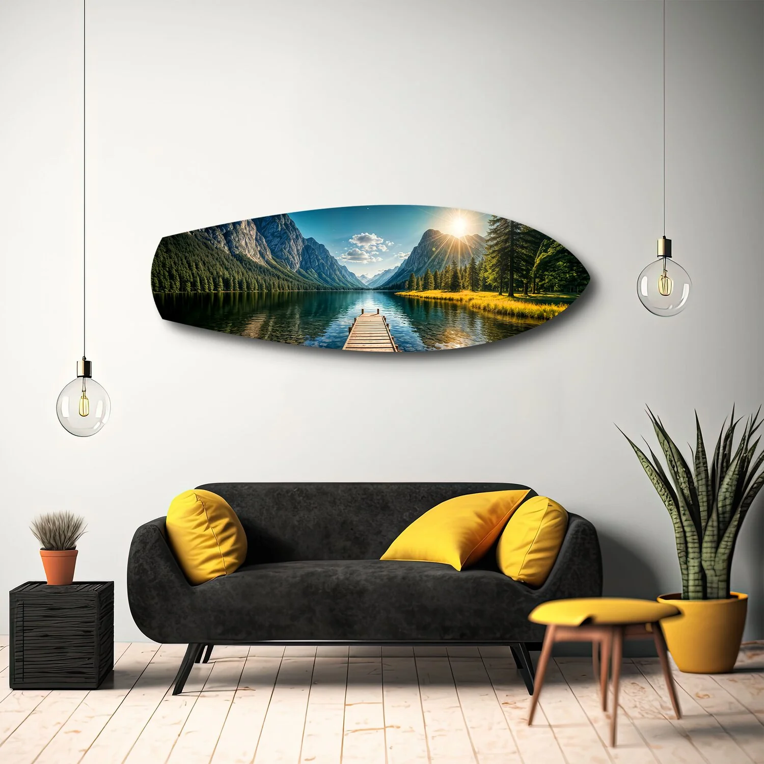 Mountain Lake Dock Sunrise Glass Wall Art - Image 10