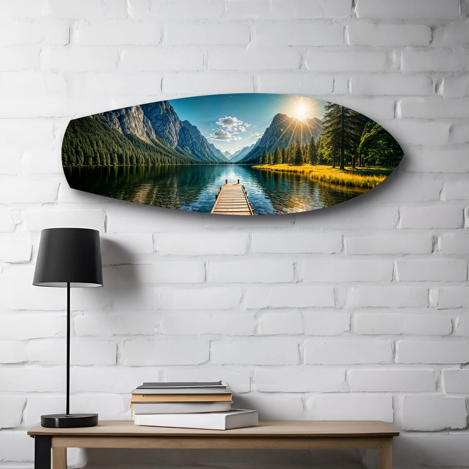 Mountain Lake Dock Sunrise Glass Wall Art - Image 2