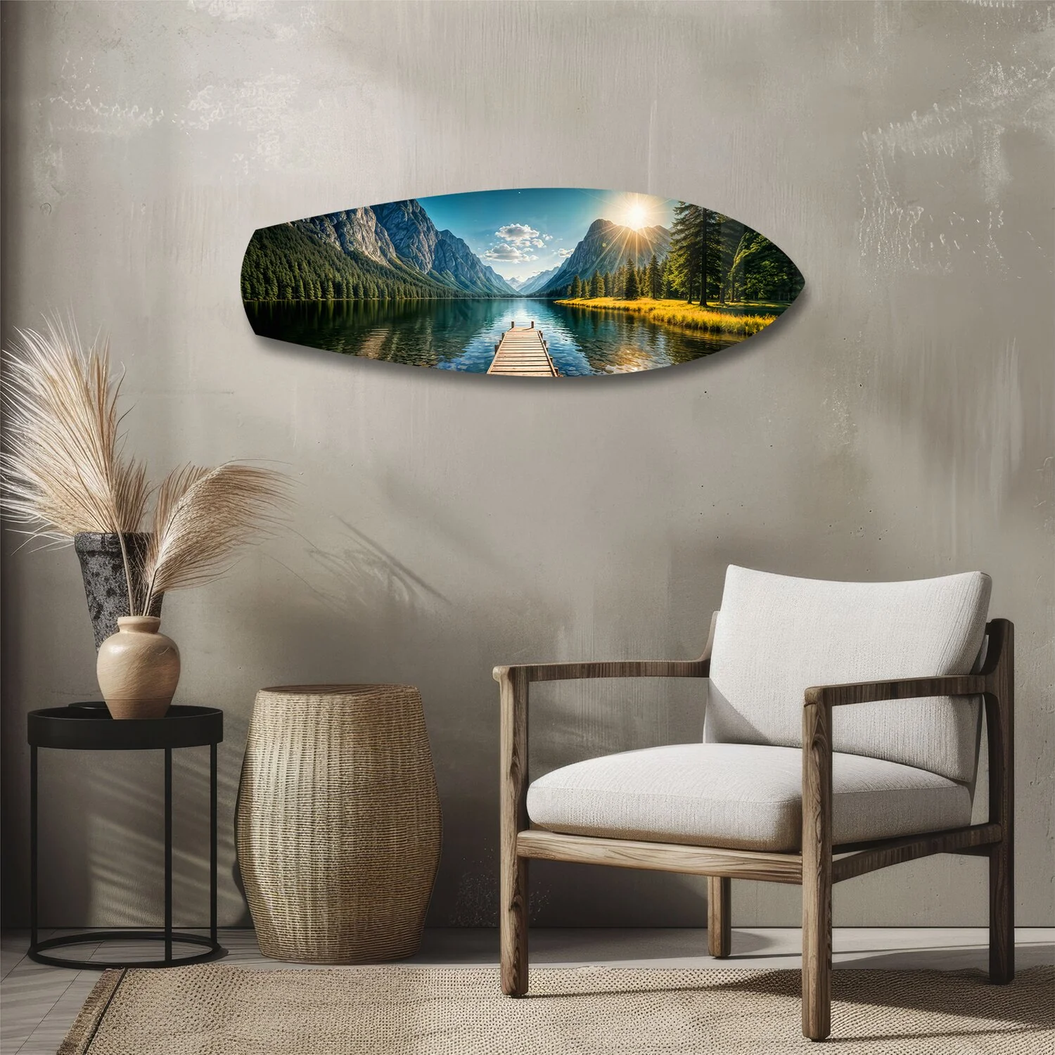 Mountain Lake Dock Sunrise Glass Wall Art - Image 3