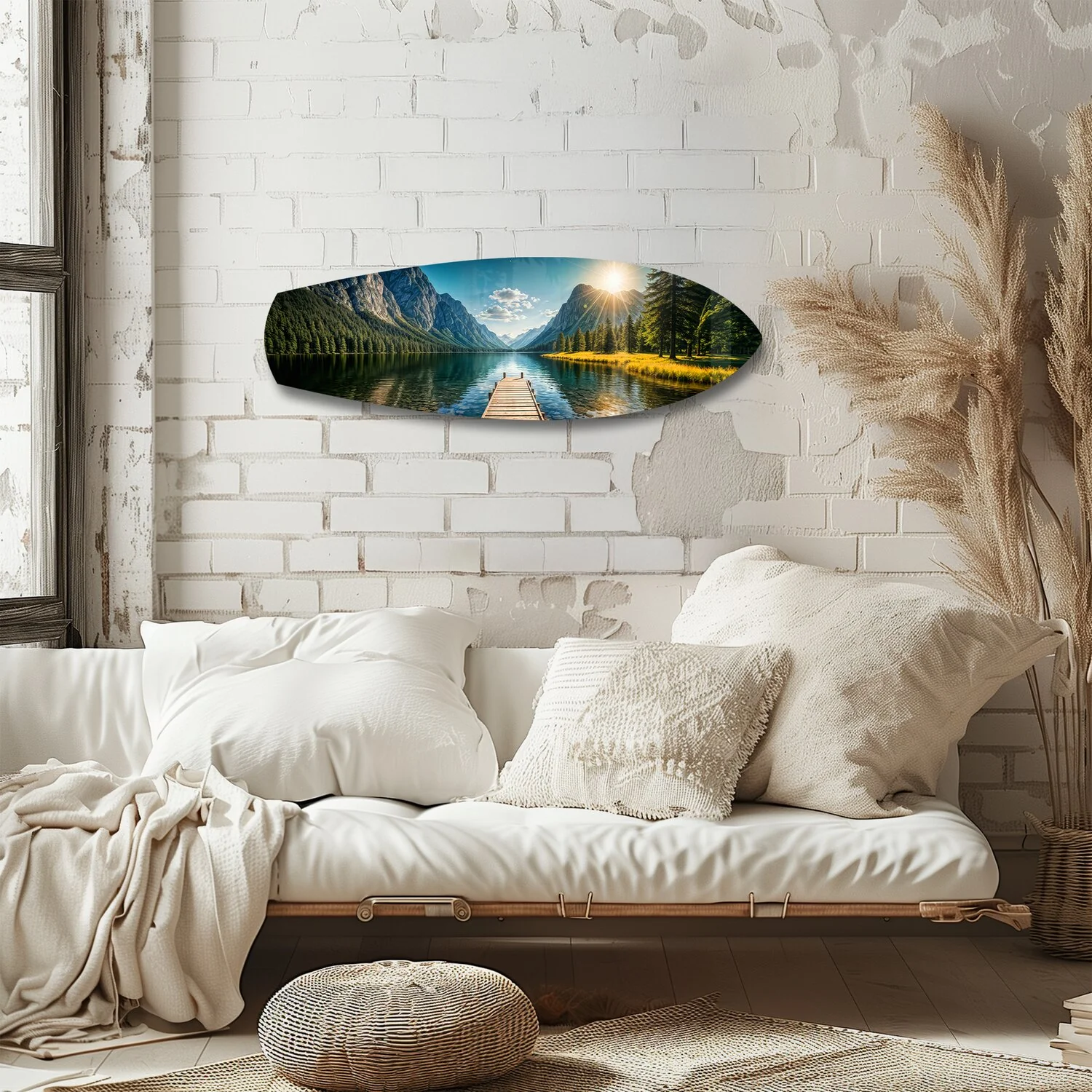 Mountain Lake Dock Sunrise Glass Wall Art - Image 4