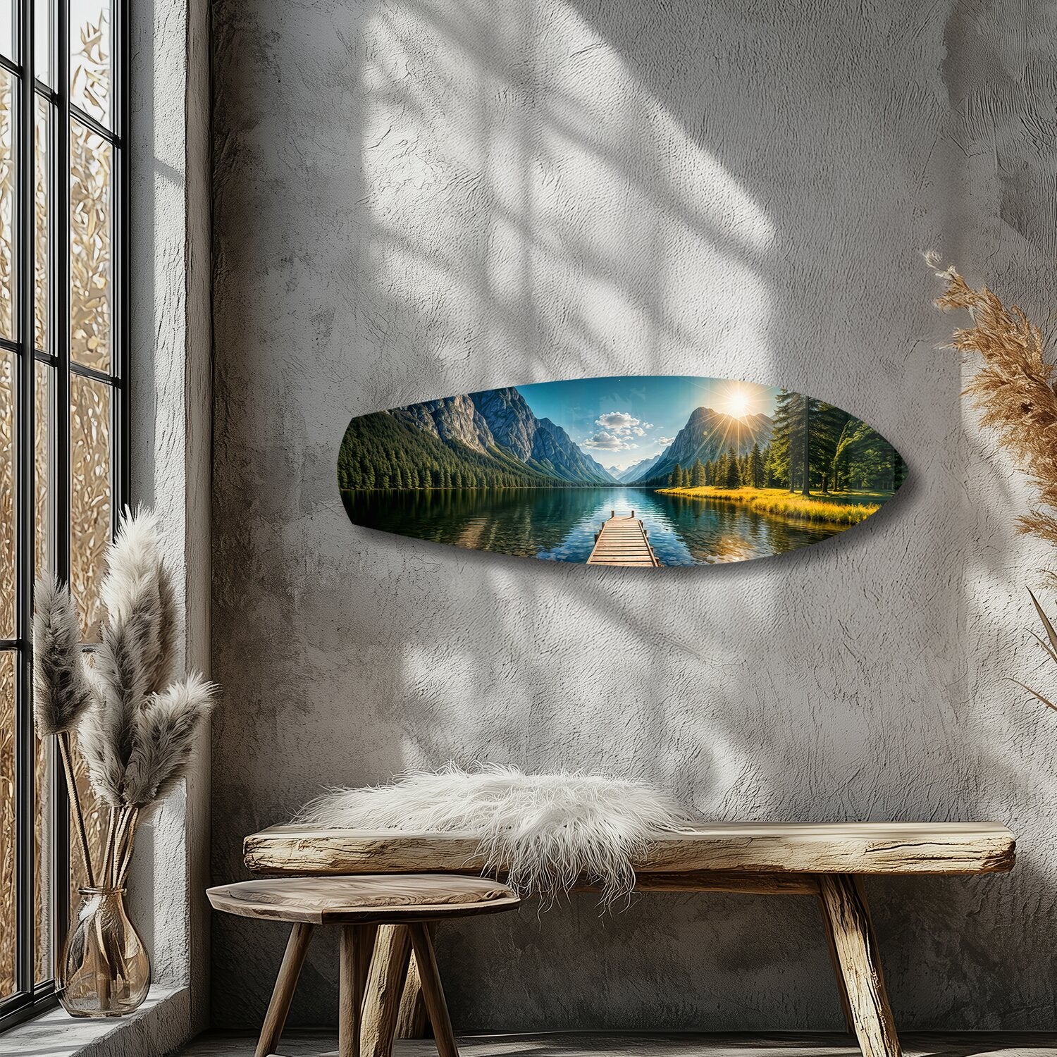 Mountain Lake Dock Sunrise Glass Wall Art - Image 5