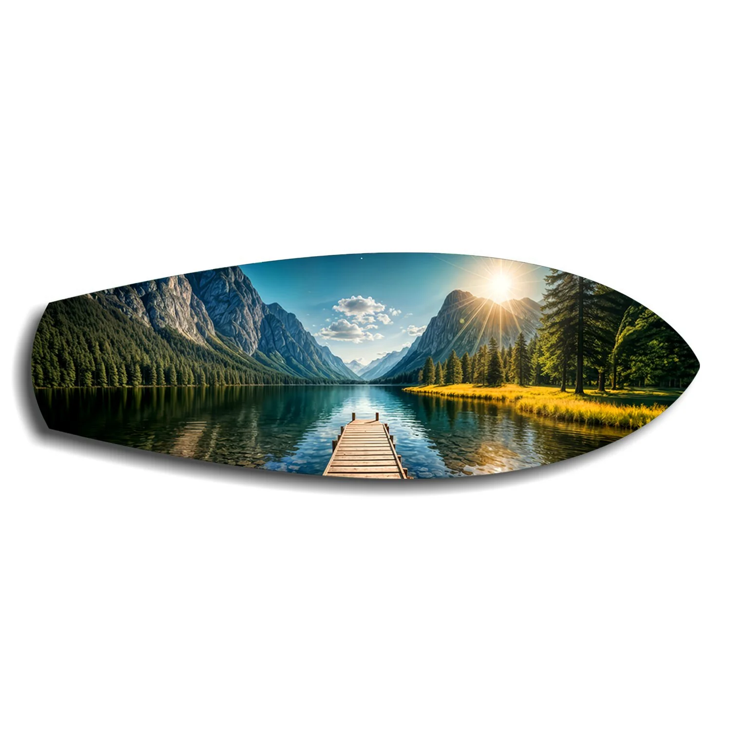 Mountain Lake Dock Sunrise Glass Wall Art - Image 6