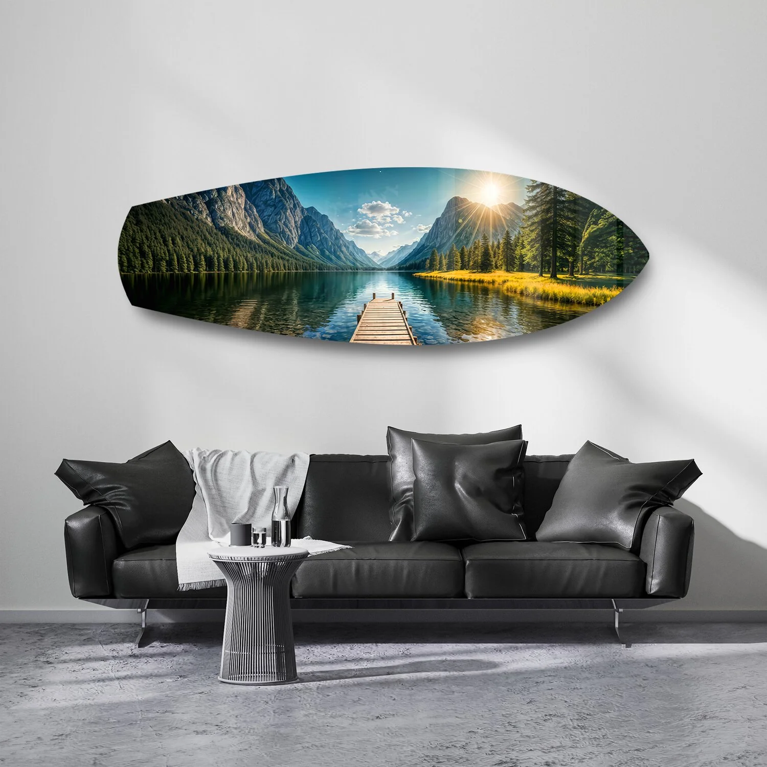 Mountain Lake Dock Sunrise Glass Wall Art - Image 7
