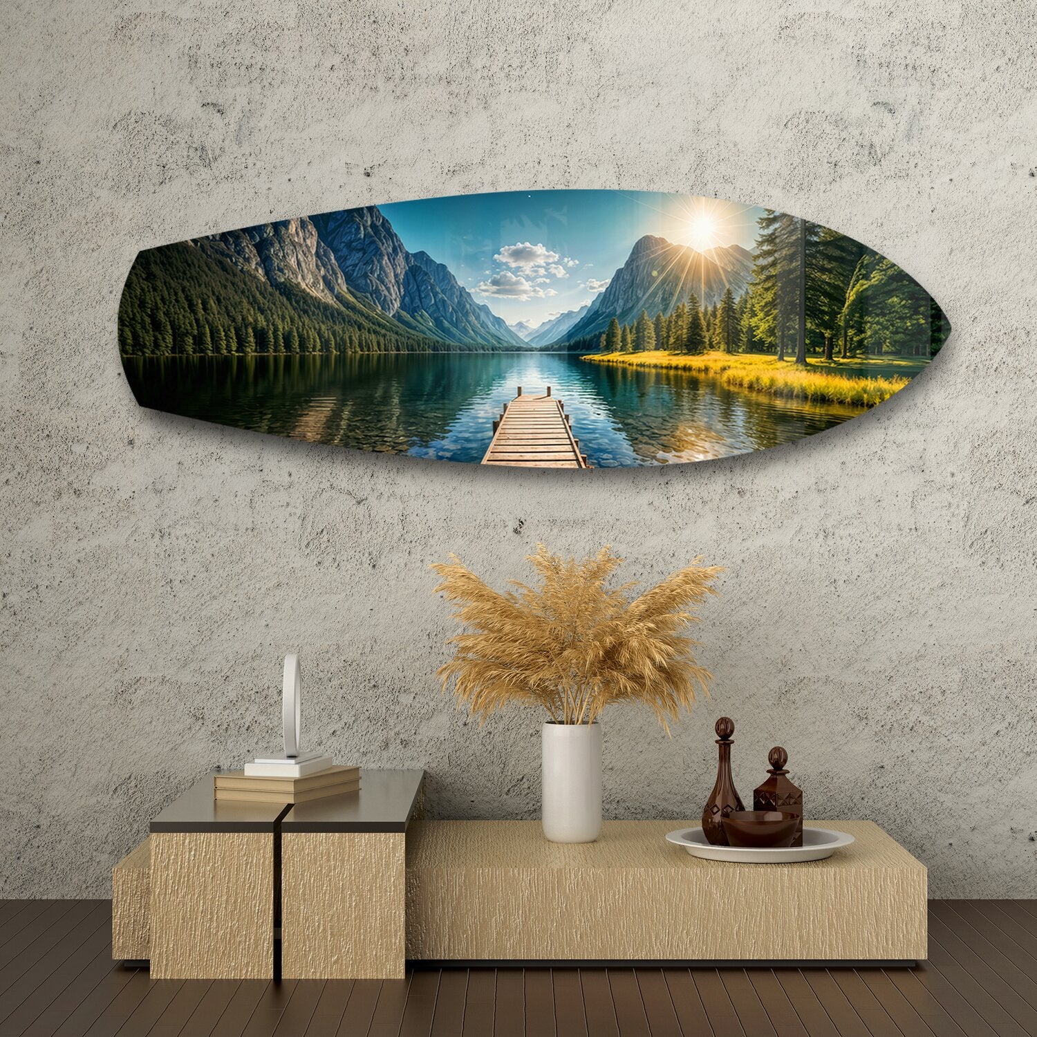 Mountain Lake Dock Sunrise Glass Wall Art - Image 8
