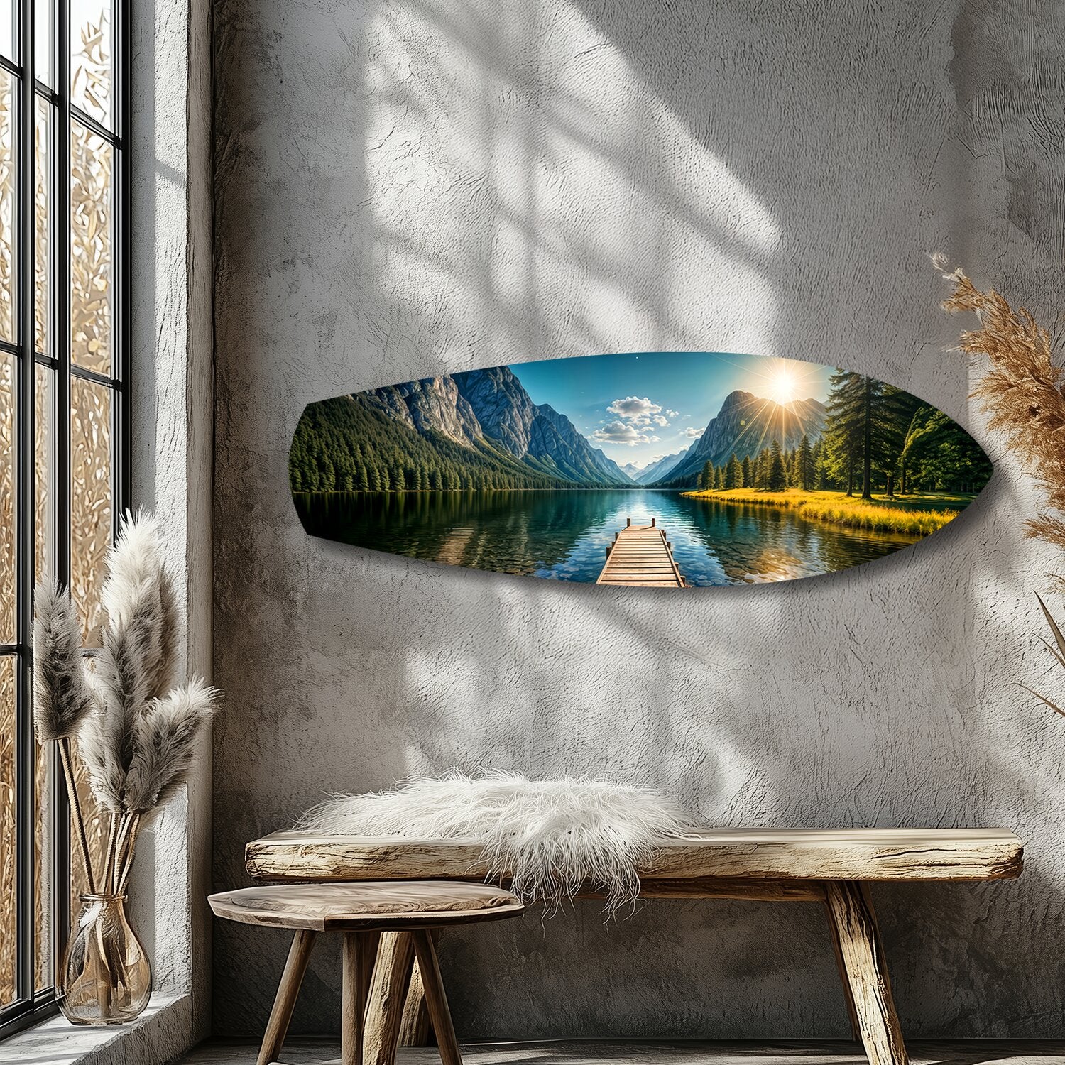 Mountain Lake Dock Sunrise Glass Wall Art - Image 9