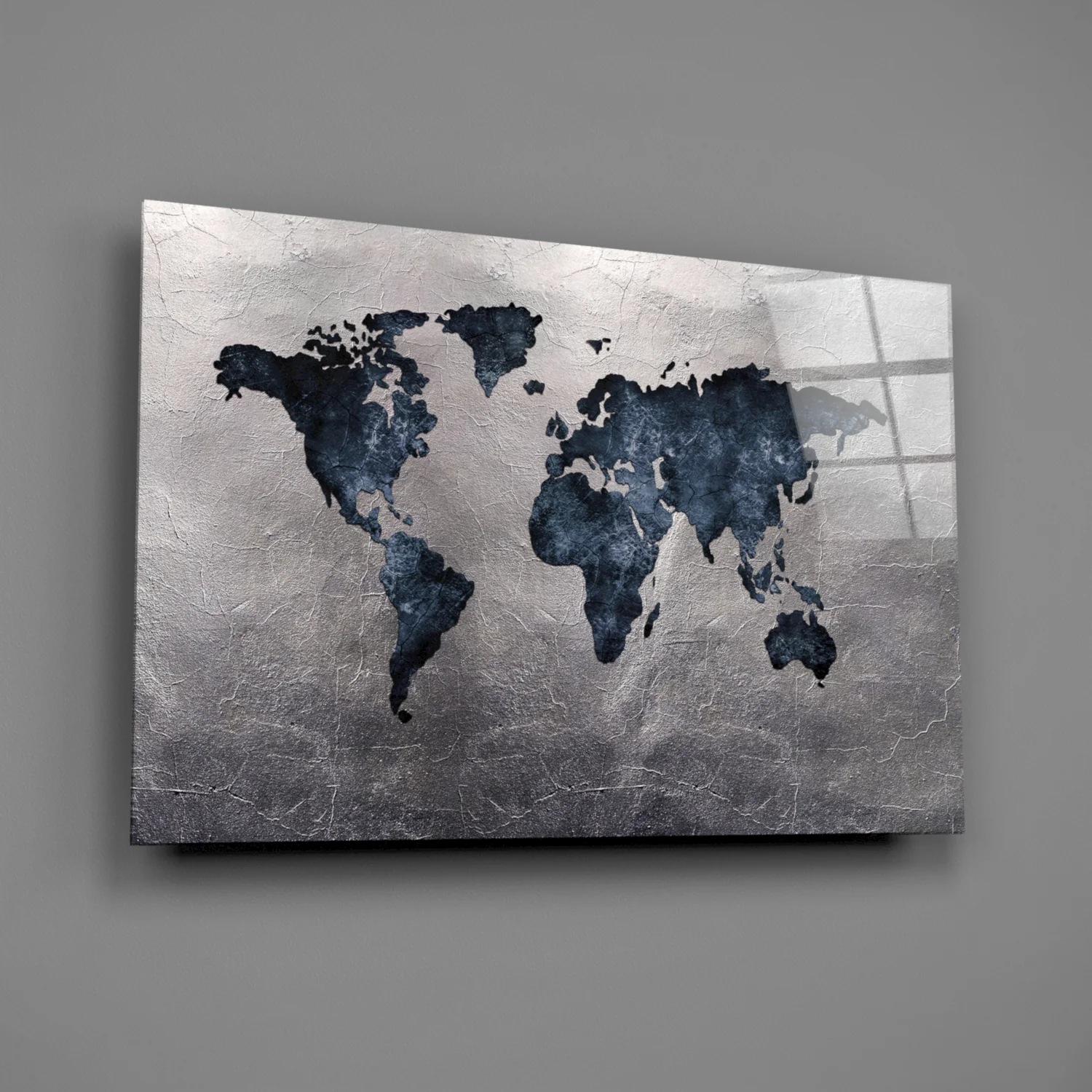 Navy Continents Silver Foil World Map Glass Wall Art - Image 2