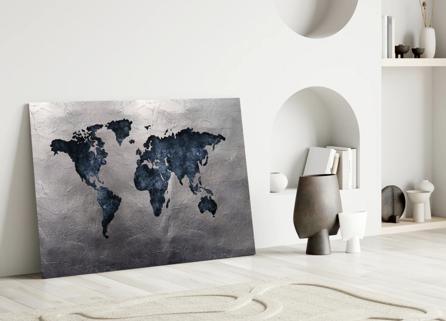 Navy Continents Silver Foil World Map Glass Wall Art - Image 3