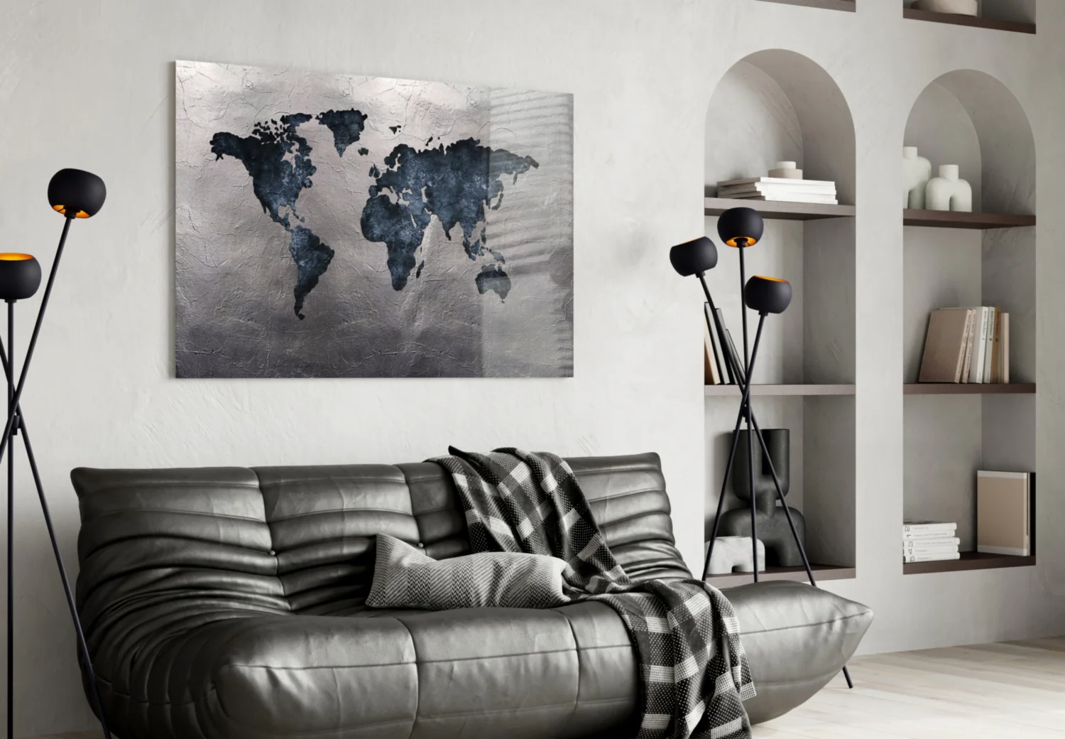 Navy Continents Silver Foil World Map Glass Wall Art - Image 4