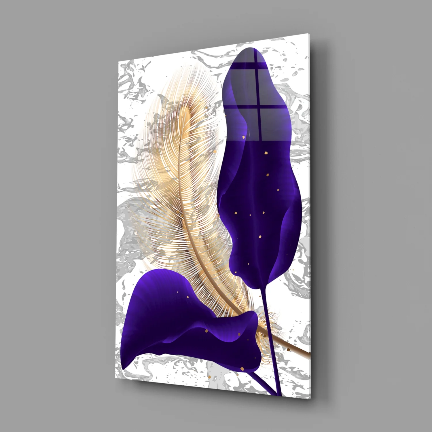 Navy Leaf Gold Feather Marble Glass Wall Art - Image 2