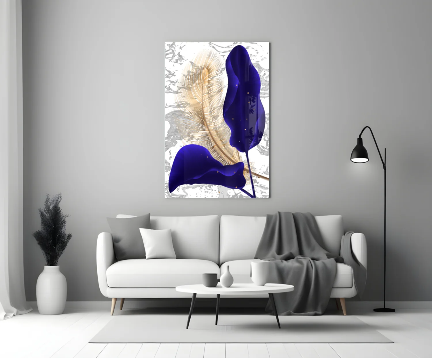Navy Leaf Gold Feather Marble Glass Wall Art - Image 3