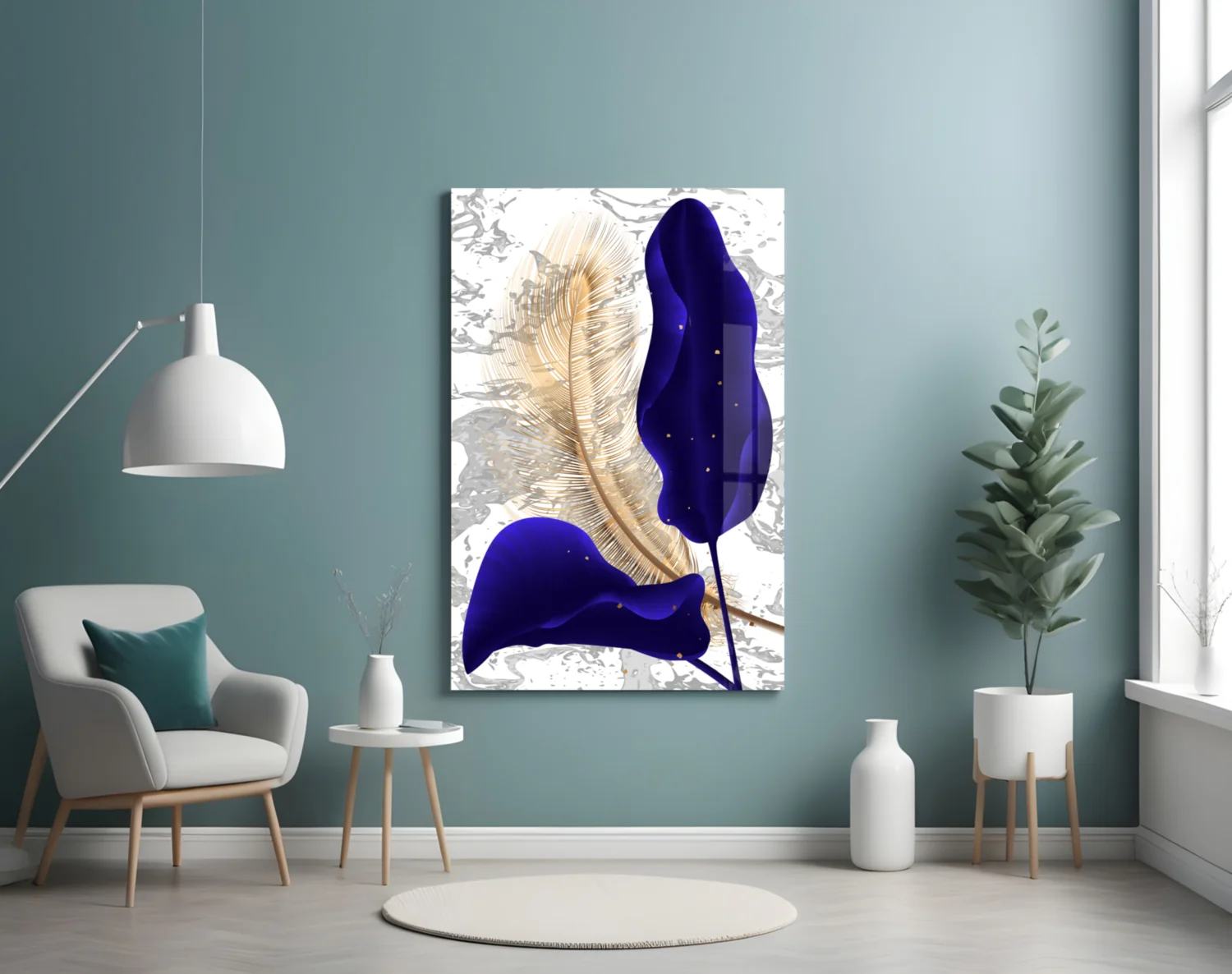 Navy Leaf Gold Feather Marble Glass Wall Art - Image 4