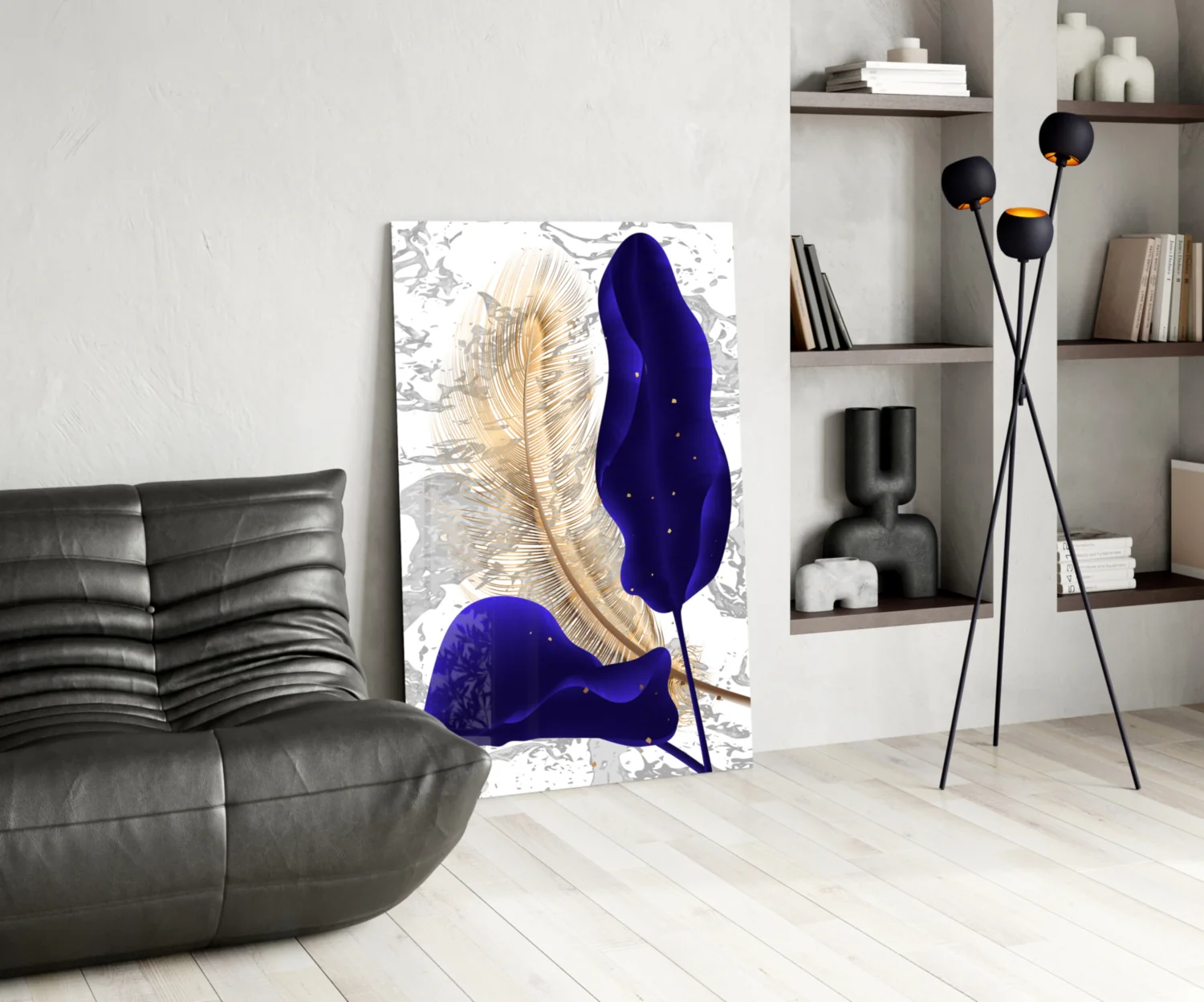 Navy Leaf Gold Feather Marble Glass Wall Art - Image 5