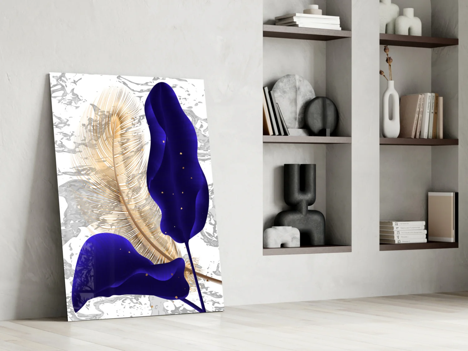 Navy Leaf Gold Feather Marble Glass Wall Art - Image 6