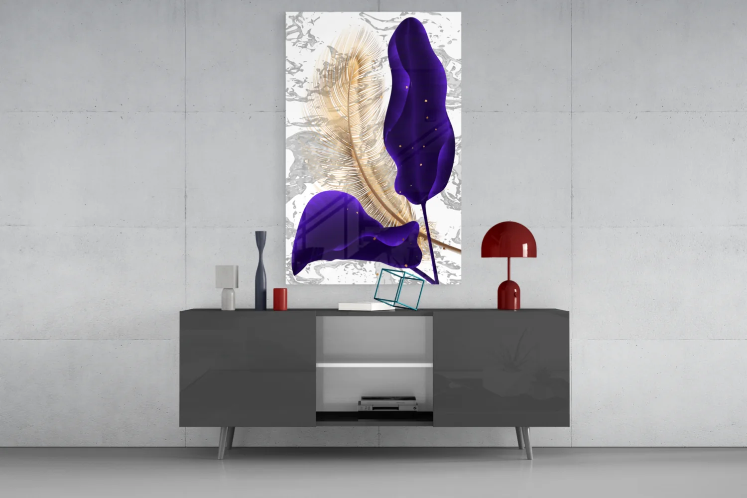 Navy Leaf Gold Feather Marble Glass Wall Art - Image 8