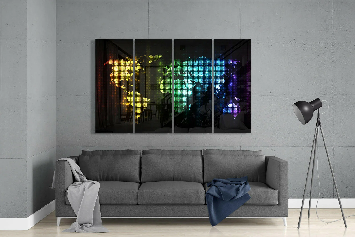 Neon Dot Rainbow World Map Glass Wall Art - Image 3
