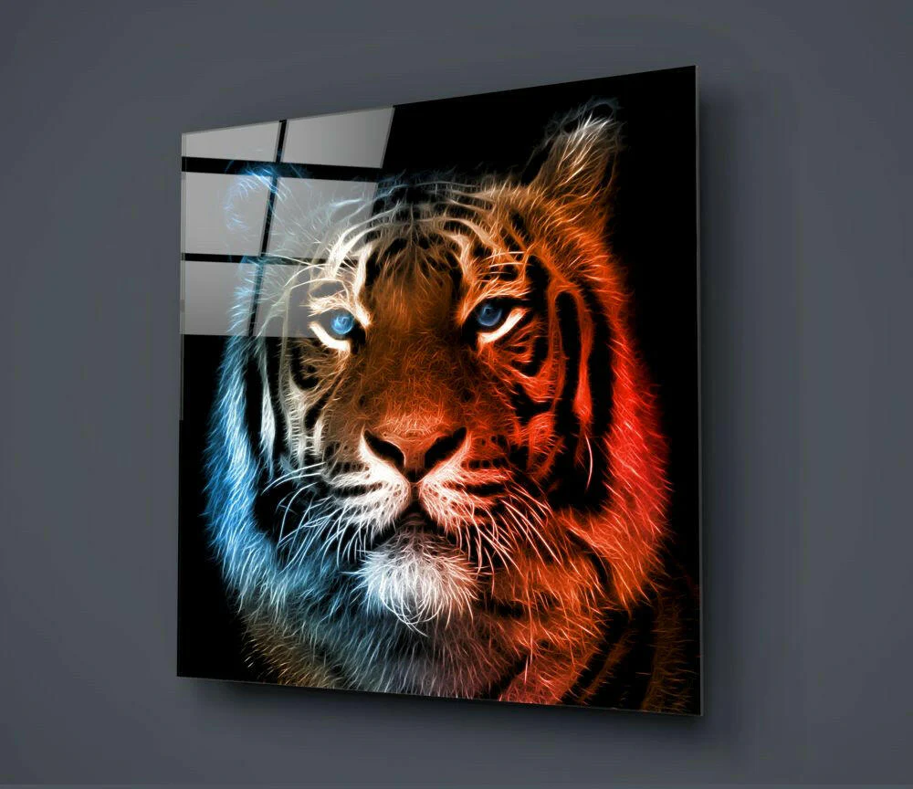 Neon Fractal Tiger Face Glass Wall Art - Image 2