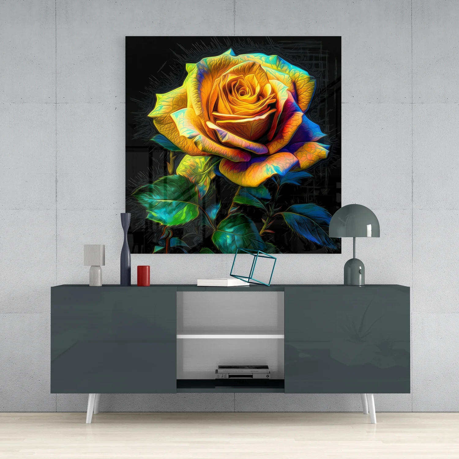 Neon Glow Golden Rose Glass Wall Art - Image 4