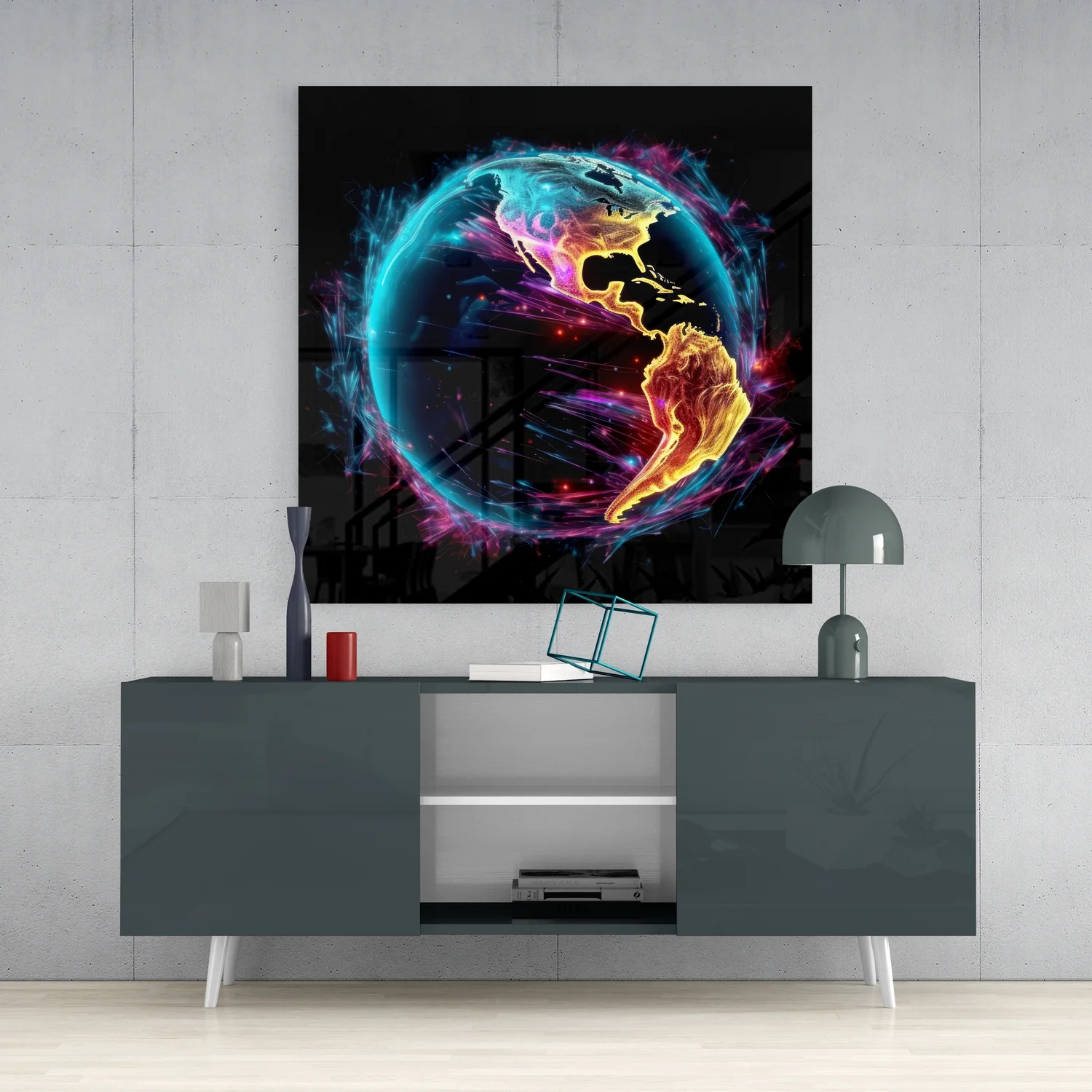 Neon Glowing Americas Globe Glass Wall Art - Image 4