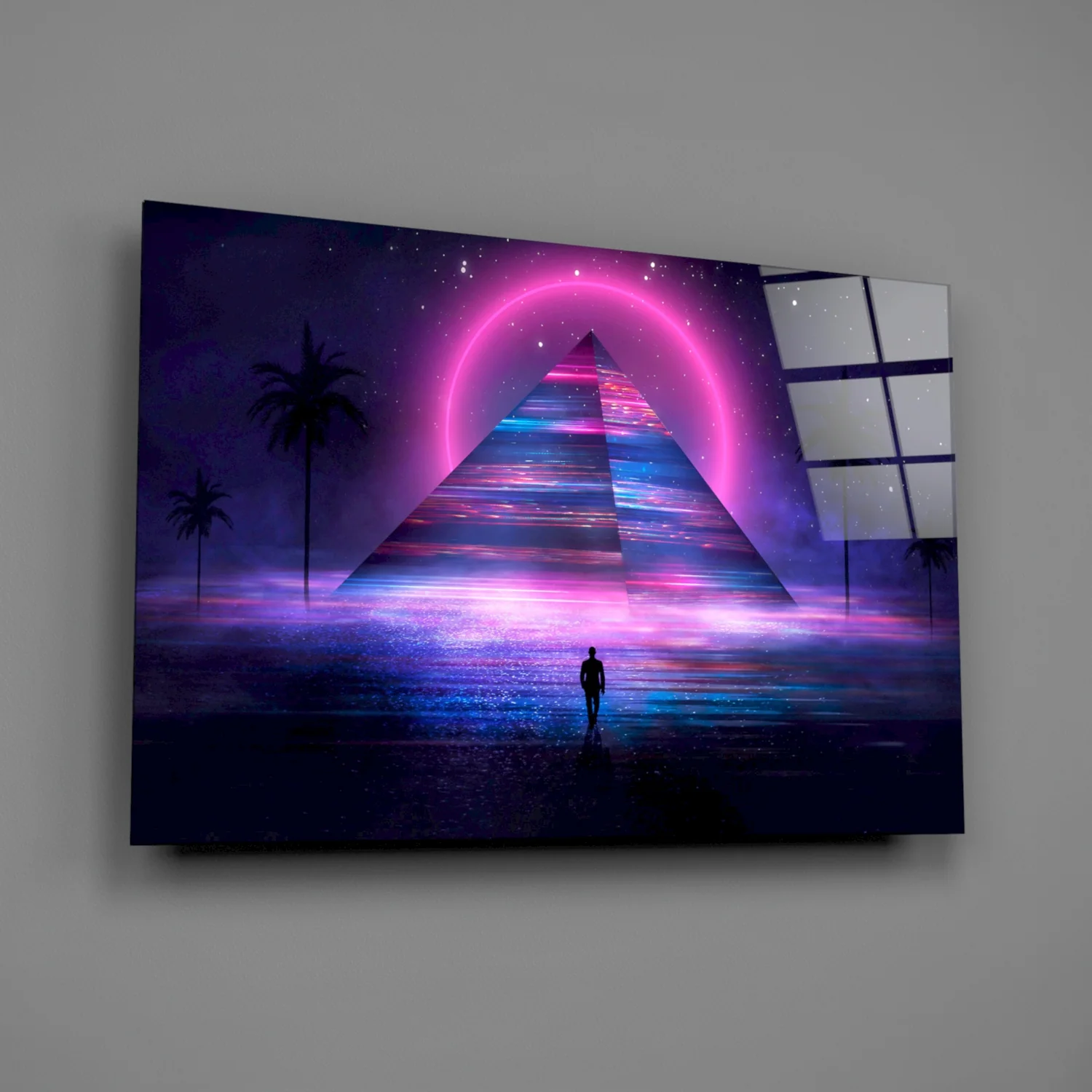 Neon Halo Pyramid Retrowave Glass Wall Art - Image 2