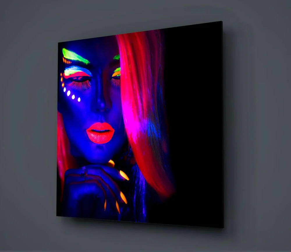 Neon Makeup Pink Hair Woman Glass Wall Art - Image 2
