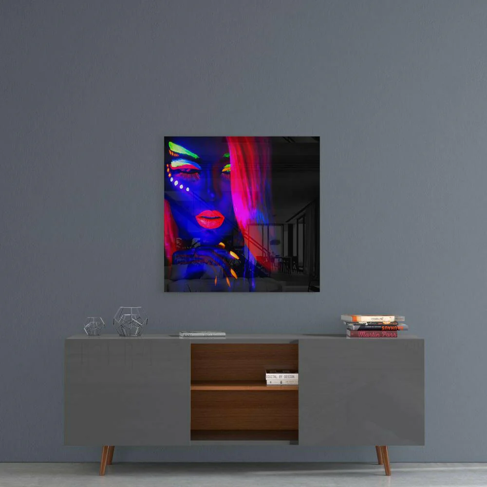 Neon Makeup Pink Hair Woman Glass Wall Art - Image 4