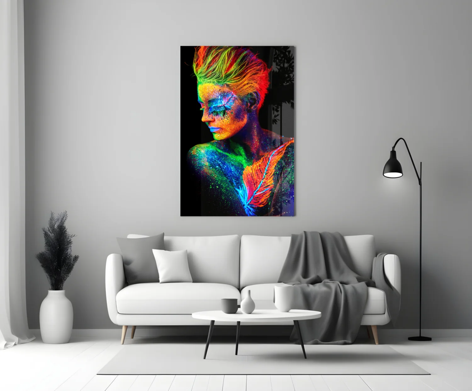 Neon Mohawk Feather Woman Glass Wall Art - Image 3