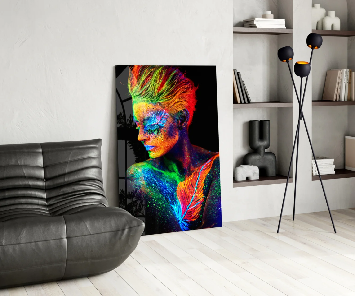 Neon Mohawk Feather Woman Glass Wall Art - Image 5