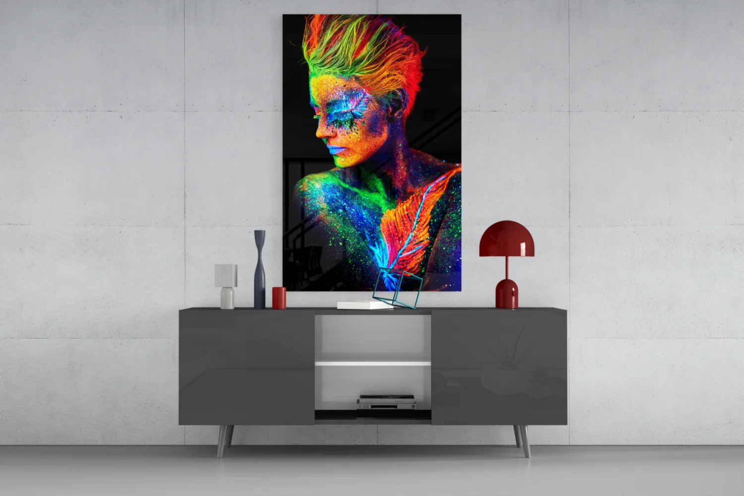 Neon Mohawk Feather Woman Glass Wall Art - Image 8