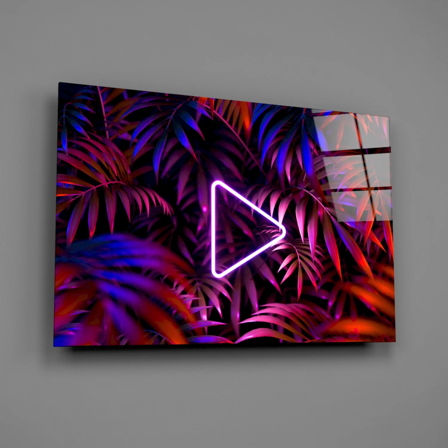Neon Play Button Palms Glass Wall Art - Image 2
