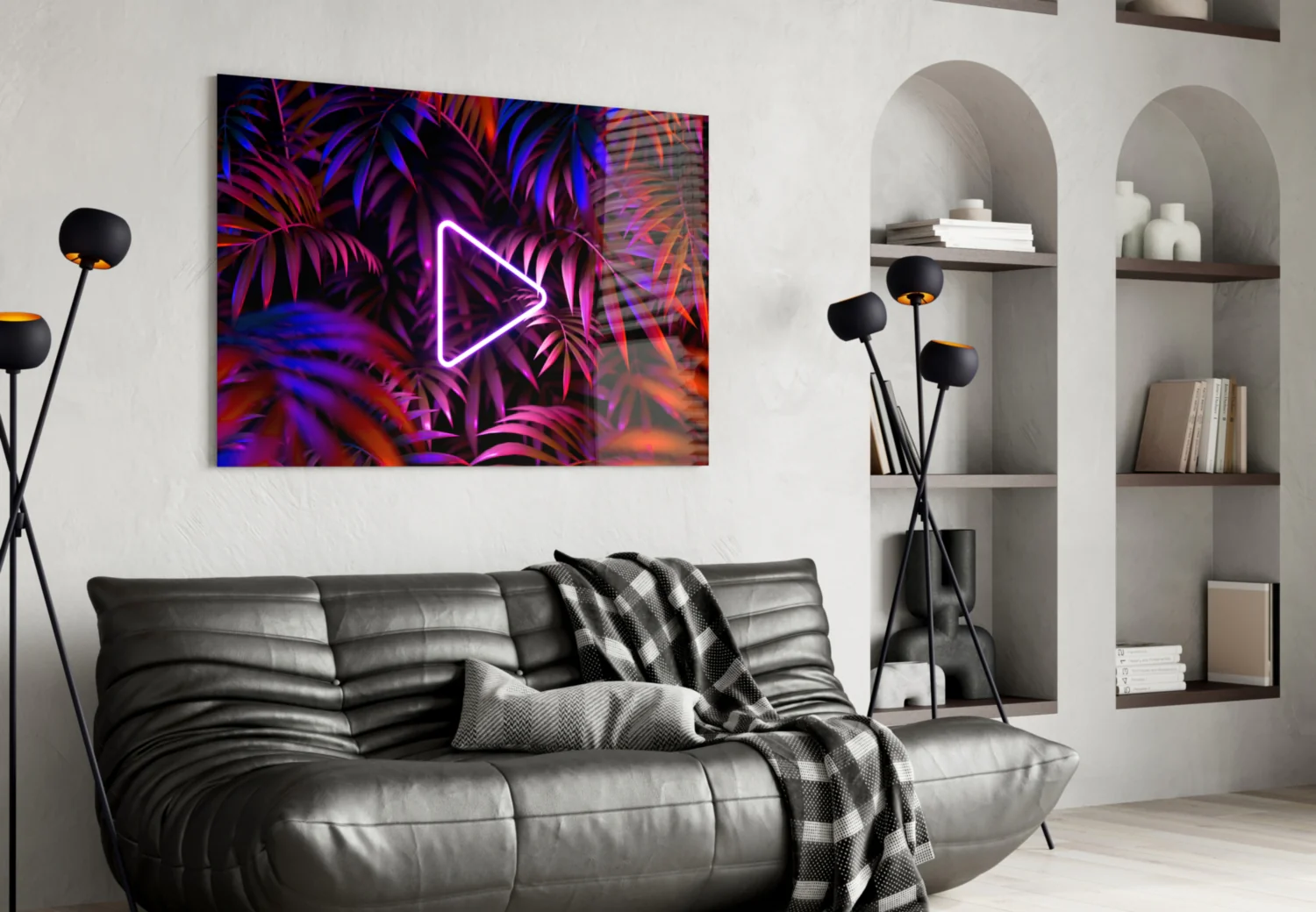 Neon Play Button Palms Glass Wall Art - Image 4